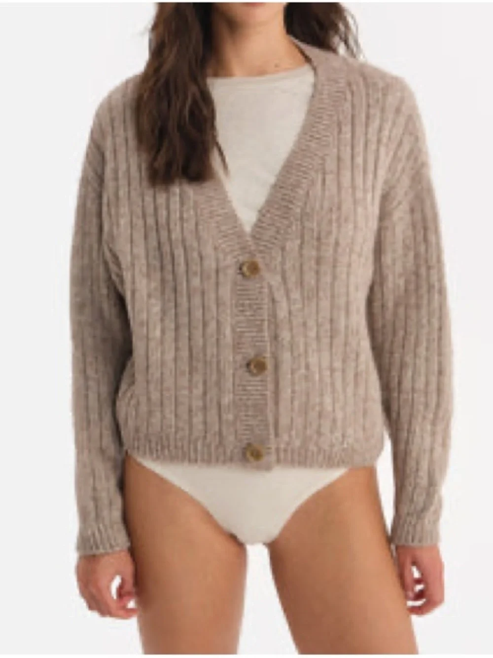 MATE the Label Luxe Alpaca Ribbed Button-Front Cardigan in Bark Taupe Small